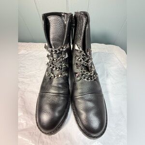 SCHUTZ Black Leather Combat Boots with Chain Detail